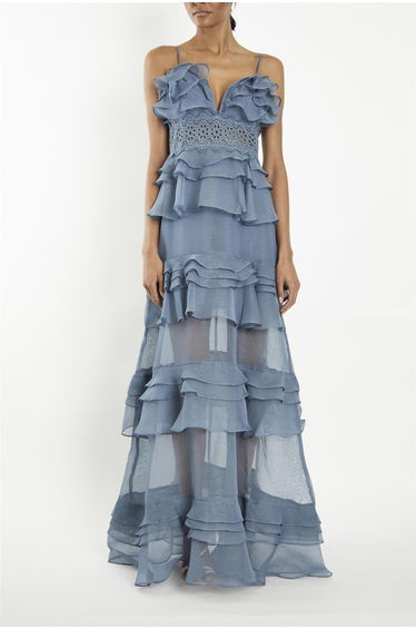 Sophia Mid Steel-Blue Plunge Front Tiered Ruffle Floor-Dress