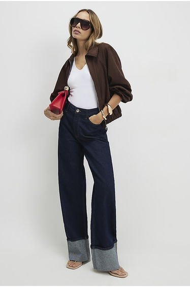 Blue Relaxed Straight Turn Up Cuff Jeans
