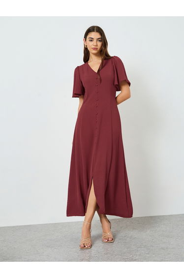 Women Rust Buttoned A-Line Maxi Dress