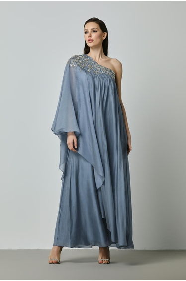 asymmetrical embellished neckline dress
