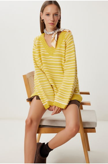Women's Yellow Bone Striped Oversized Knitwear Sweater