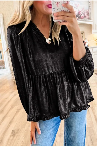 Lvness Black Metallic Frilled V Neck Puff Sleeve Babydoll Blouse