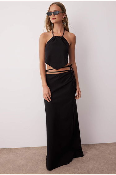 Black Woven Halter Back Detailed Beach Blouse Skirt Set