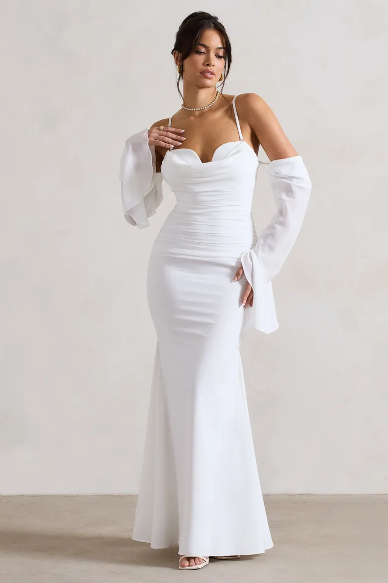 cream fishtail dress Women's PLT Label Buttercream Satin Cowl Draped Fishtail Maxi Dress, butter cream