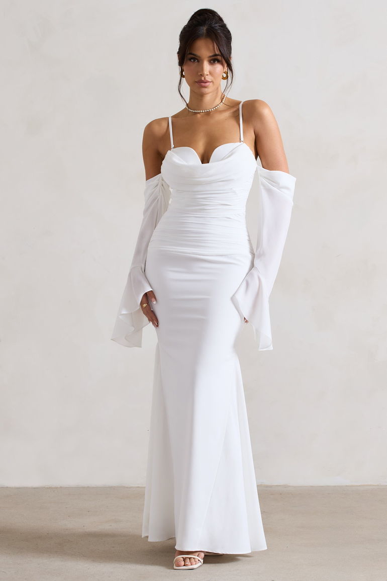 Shop Rhiannon | Cream Draped Flared-Sleeve Fishtail Maxi Dress Online in Jordan Shop Rhiannon | Cream Draped Flared-Sleeve Fishtail Maxi Dress Online in Jordan