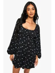 Floral Milkmaid Godet Hem Long Sleeve Mini Dress - black