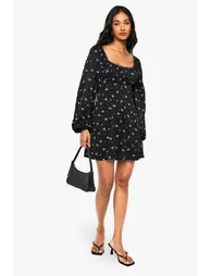 Floral Milkmaid Godet Hem Long Sleeve Mini Dress - black - 2