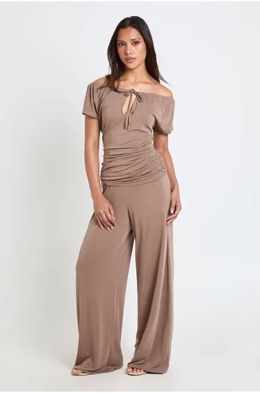 Modal Tie Keyhole Top Wide Leg Trouser Co ord - mocha