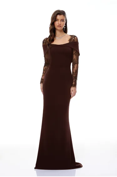 Georgiana Brown Lace Panel Flared Maxi Gown