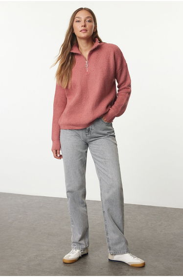 Dusty Rose Soft Texture Zippered Knitwear Sweater