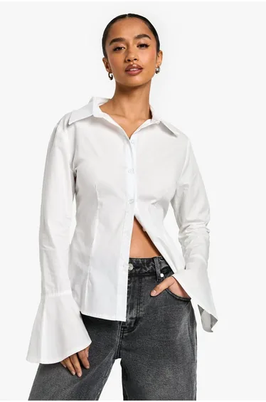Petite Flared Sleeve Cinched Waist Shirt - white