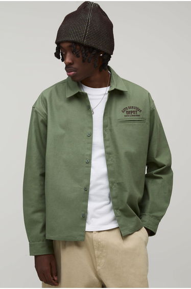 Oversized Embroidered Workwear Overshirt - khaki