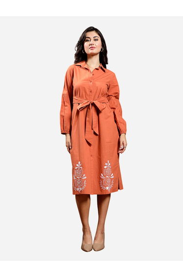 Orange Embroidered Waist-Tie Midi Dress