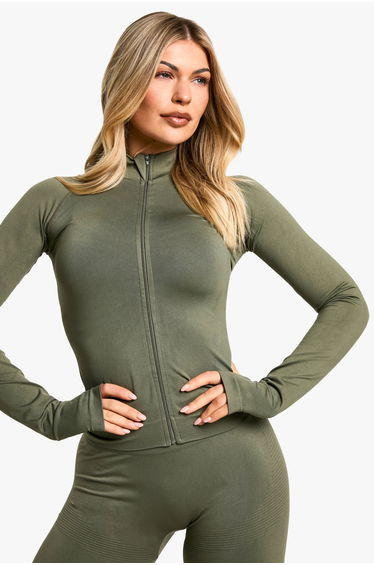 Premium Sculpt Seamless Zip Through Sports Jacket - khaki