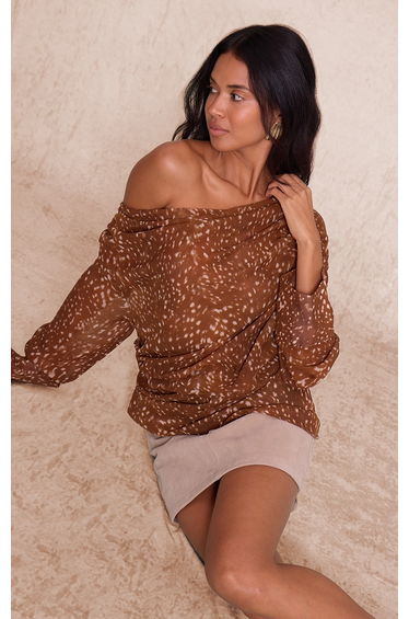 Brown Abstract Printed Chiffon Drape Top