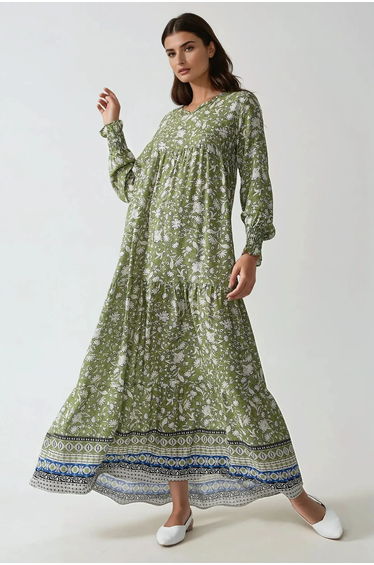 Printed Viscose Maxi Dress with Crew Neck