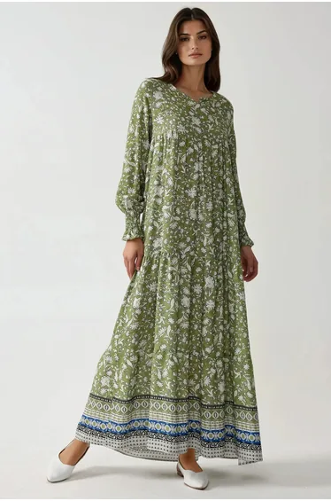 Printed Viscose Maxi Dress with Crew Neck