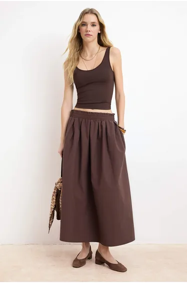 Dark Brown Flared Midi Skirt