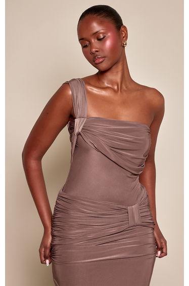 Taupe Slinky Strap Detail Asymmetric Top