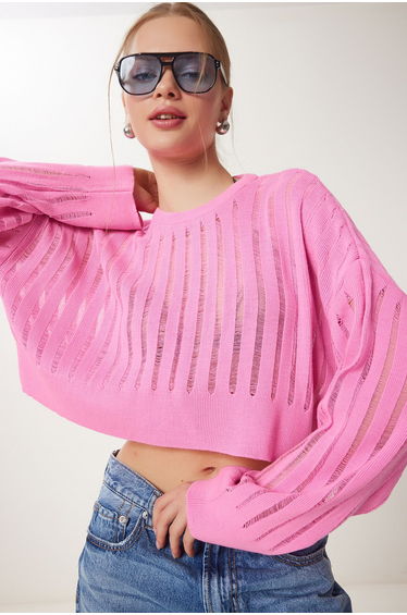Women's Light Pink Openwork Crop Knitwear Sweater
