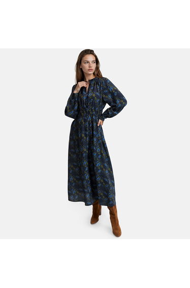 Floral Print Long Sleeve Ruffled Collar Maxi Dress