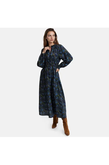 Floral Print Long Sleeve Ruffled Collar Maxi Dress