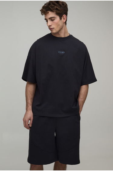 Oversized Panelled Man Embroidered T-Shirt and Short Set - charcoal