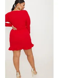 Plus Red Ruffle Detail Wrap Dress - 1