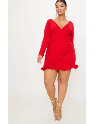 Plus Red Ruffle Detail Wrap Dress - 3