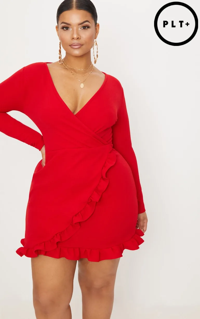 Plus Red Ruffle Detail Wrap Dress