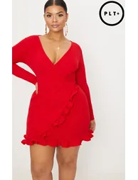 Plus Red Ruffle Detail Wrap Dress