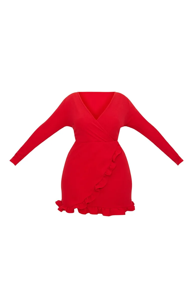 Plus Red Ruffle Detail Wrap Dress - 2