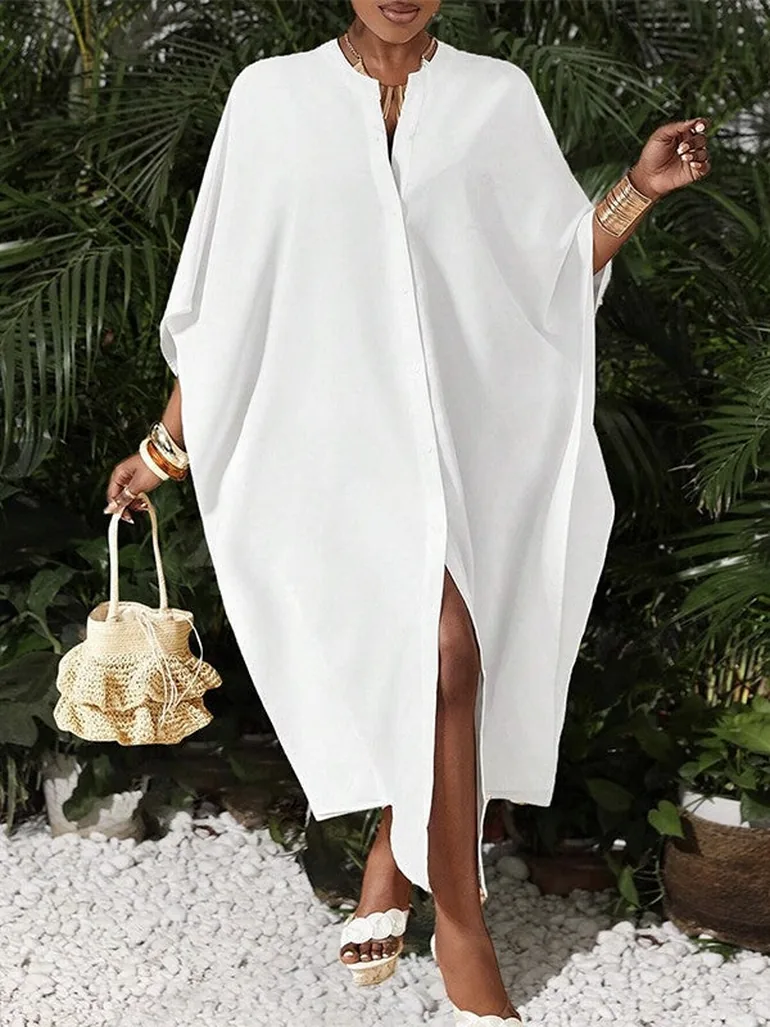 Batwing Sleeves Half Sleeves Solid Color V-Neck Maxi Dresses Uoozee White : Day Dresses : VogaCloset Oman Batwing Sleeves Half Sleeves Solid Color V-Neck Maxi Dresses Uoozee White : Day Dresses : VogaCloset Oman
