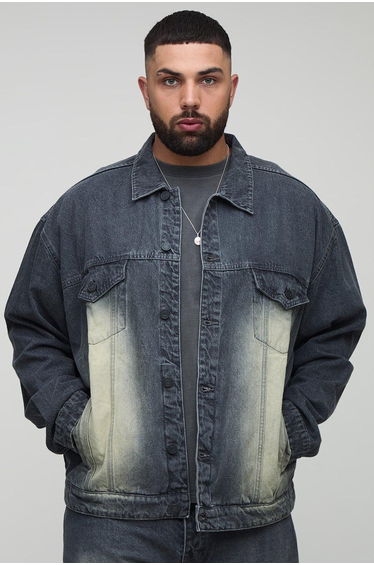 Plus Tinted Washed Boxy Oversized Denim Jacket - charcoal