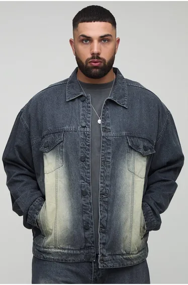 Plus Tinted Washed Boxy Oversized Denim Jacket - charcoal