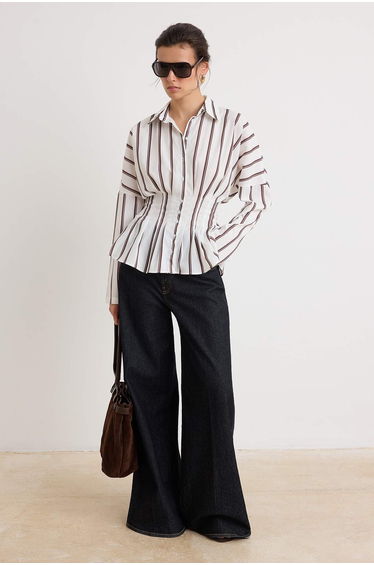 Ecru Brown Striped Lycra Waist-Fitted Shirt