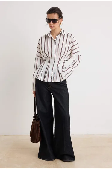 Ecru Brown Striped Lycra Waist-Fitted Shirt