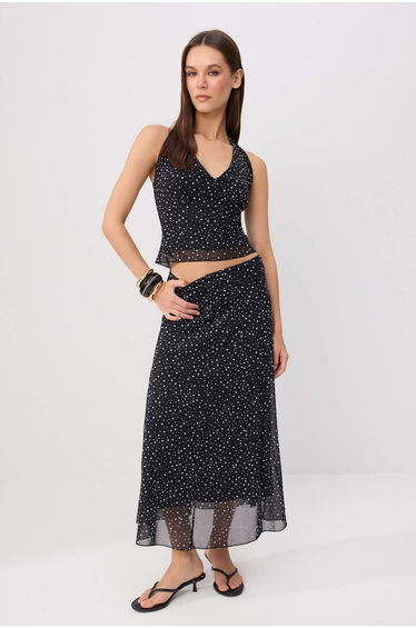 Black Polka Dot A-Line Halter Regular Waist Maxi Tulle Knitted Bottom Top Set