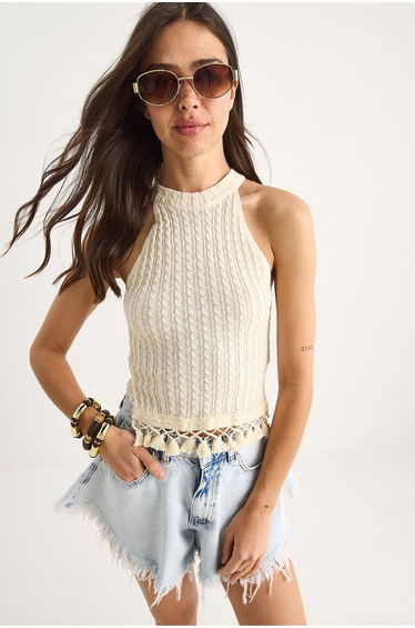 LUCCI Textured Halter Neck Fitted Crop Blouse