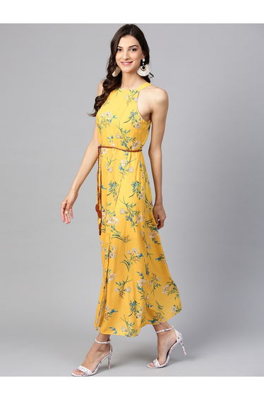 Yellow Sleeveless Floral Maxi Dress