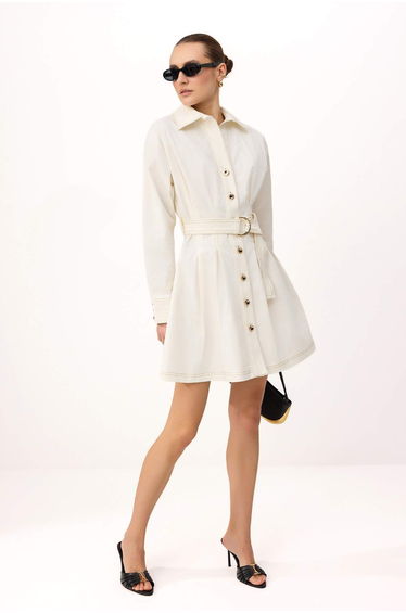 Ecru Buttoned Short / Mini Woven Shirt Dress