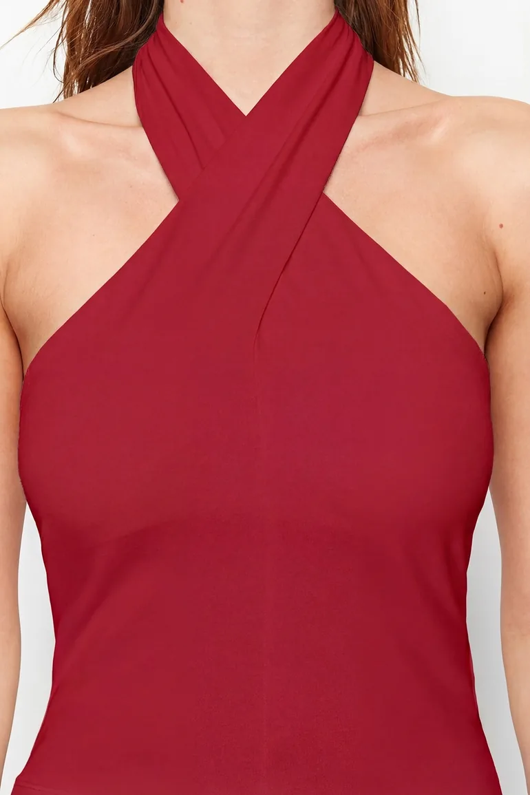 Red Halter Neck Fitted/Fitted Stretch Knit Blouse - 3