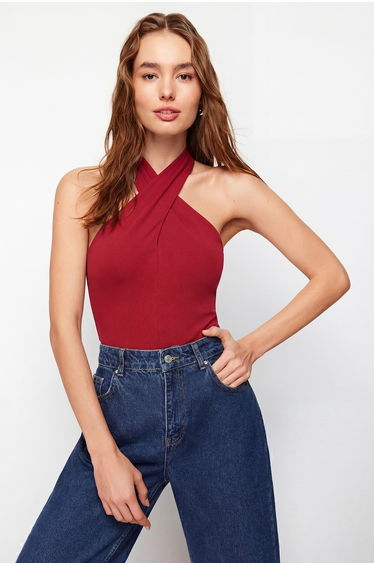 Red Halter Neck Fitted/Fitted Stretch Knit Blouse