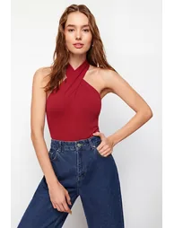 Red Halter Neck Fitted/Fitted Stretch Knit Blouse