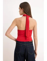 Red Halter Neck Fitted/Fitted Stretch Knit Blouse - 11