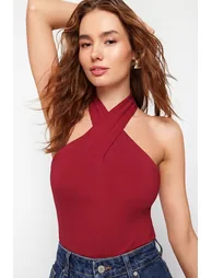 Red Halter Neck Fitted/Fitted Stretch Knit Blouse - 1