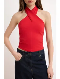 Red Halter Neck Fitted/Fitted Stretch Knit Blouse - 10