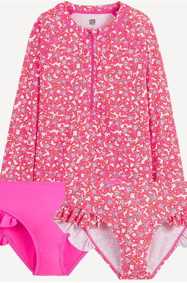 Floral Print UV Protection T-Shirt and 2 Bikini Bottoms