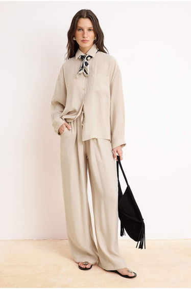 Beige Oversize Linen Aerobin Plain Woven Hijab Bottom - Top Set