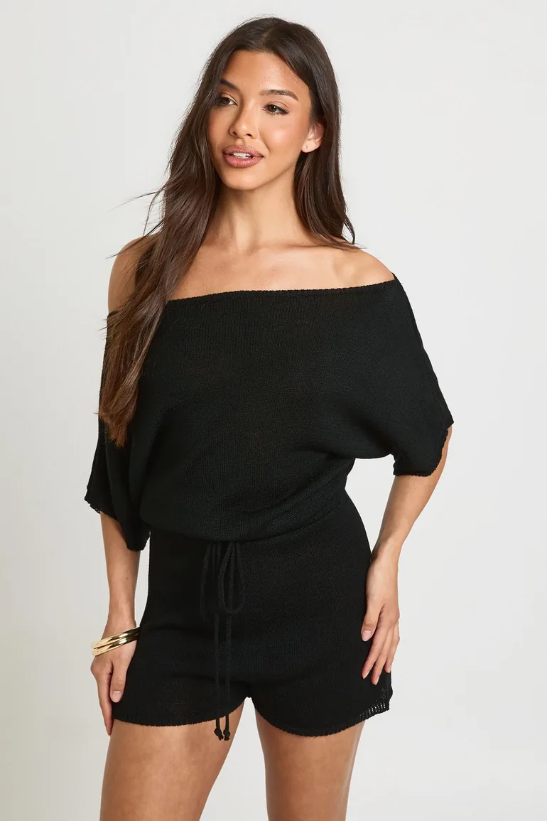 Slash Neck Lightweight Knitted Beach Cover Up - black